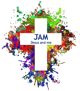 J.A.M. = Jesus and Me -- cross on paint-splatter background