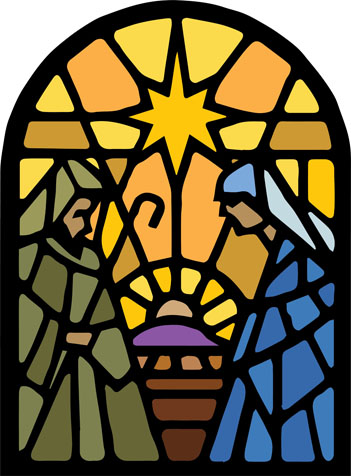 drawing of stained glass window featuring creche, star, shepherd, Mary, and bright piecemeal background