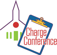 Charge Conference (outline of a church and of a blue clipboard)