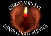 Christmas Eve Candlelight Service image shows a lit candle cupped in a pair of hands