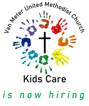 Van Meter UMC Kids Care is hiring.  Kids Care logo includes handprints surrounding a cross.
