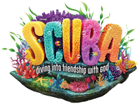 VBS logo with undersea theme.  "SCUBA, diving into friendship with God"