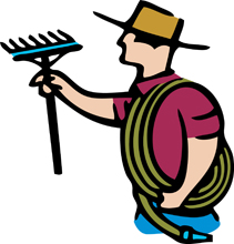 gardener with rake and hose