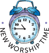 Old-style alarm clock set to 10:45.  Caption says "New Worship Time".