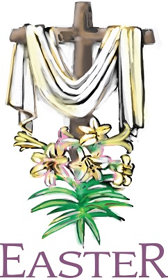 Easter. Cross draped with a white sheet. Lilies and palm branch in front of cross.