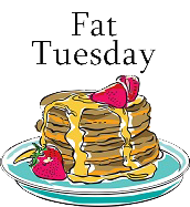 Fat Tuesday -
stack of pancakes with syrup and strawberries