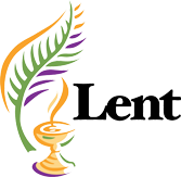 Text says "Lent". Images are of a styalized palm leaf, cup, and flame.