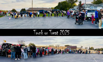 Trunk or Treat 2025 - two views of a long line of trunk-or-treaters