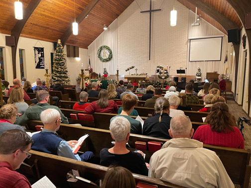 view of sanctuary from rear at Christmas