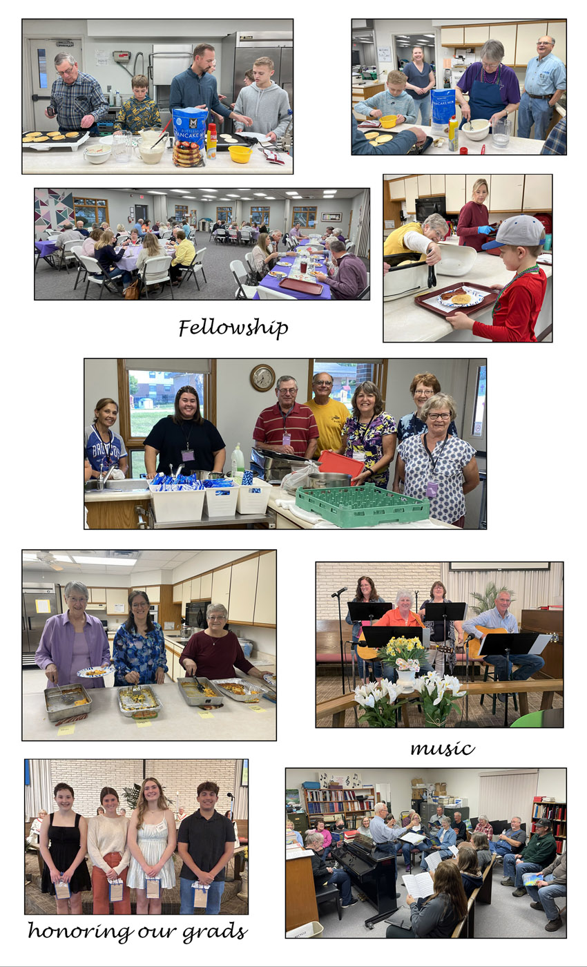 photos of the church in fellowship, serving food and eating together; photos of singing at worship and in rehearsal