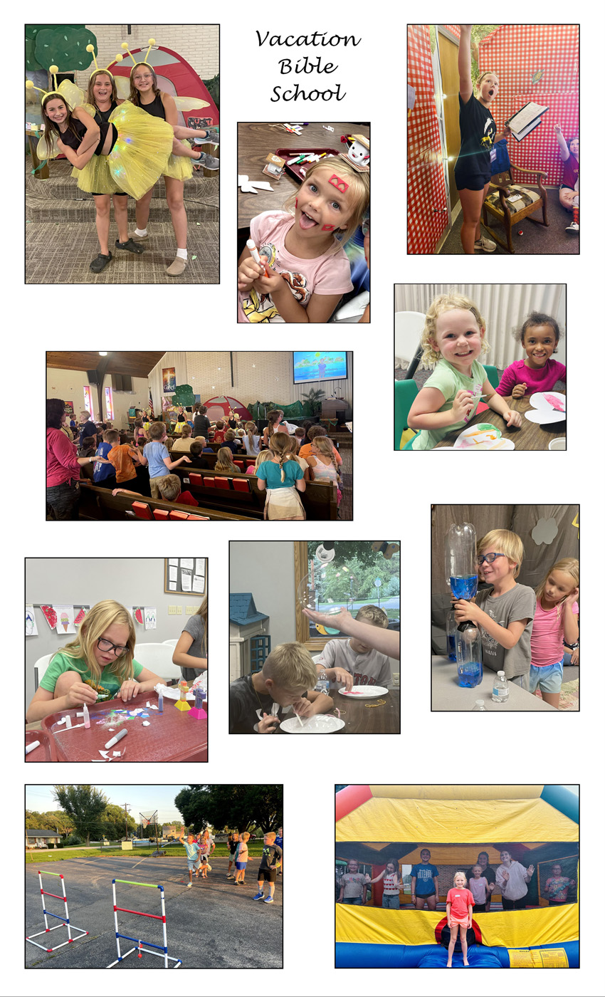 photos of children having fun at Vacation Bible School and with their backpacks at a blessing