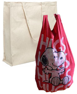 two cloth sacks; one is a converted t-shirt