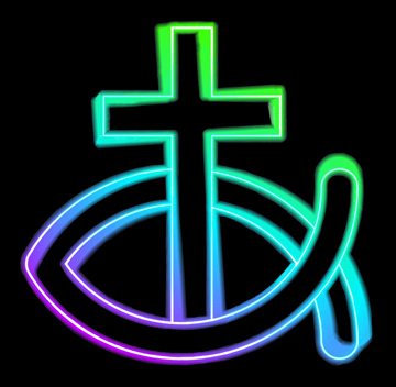neon fish and cross on a black background